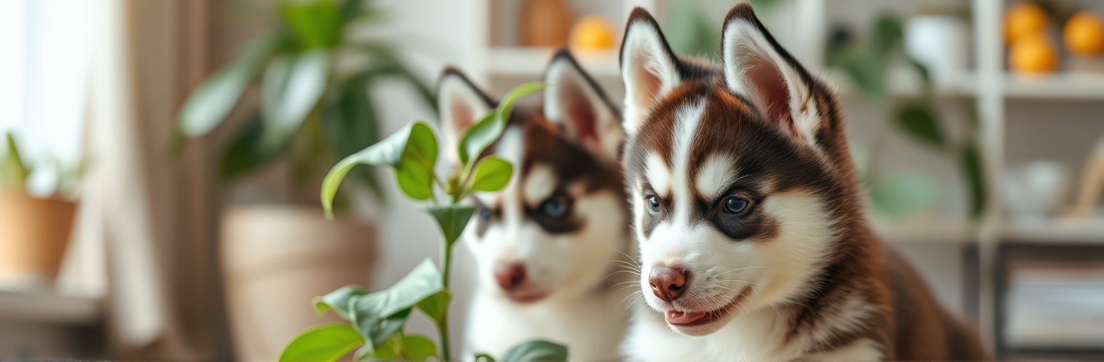 Siberian huskies playfully interacting with a houseplant in a cozy indoor setting during daylight